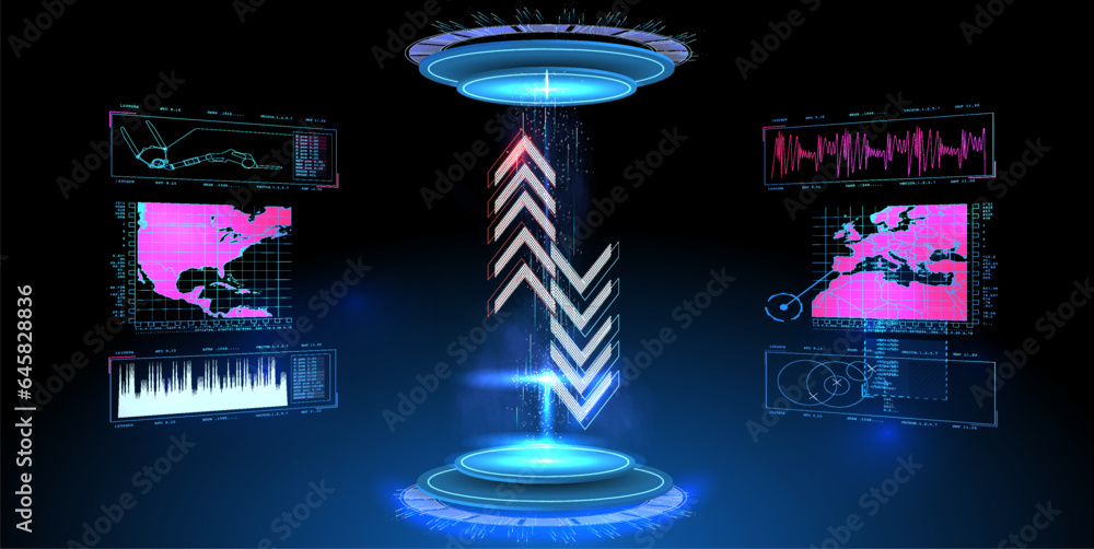 Poster technology demonstration. futuristic circle 3d lab stage with hud elements for ui,gui abstract style