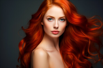 Young red haired woman with voluminous hair, with long, dense, curly hairstyle. hair dye, hairstyle