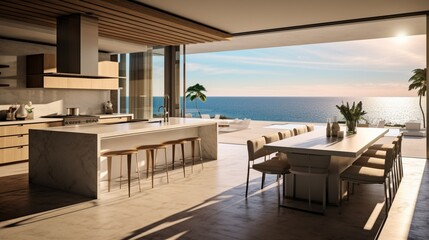 A contemporary beachfront kitchen with panoramic ocean views and clean lines