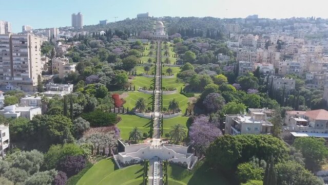 View on beautiful Bahai garden with Shrine of Bab. Haifa, Israel. (aerial photography)