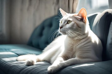 A profile view of a white cat sitting on a sofa in daylight