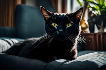 a closeup view of black cat, sitting in the living room, day light view