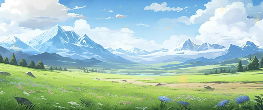 Anamorphic video anime background style of beautiful spring day with trees and mountains and flowers 