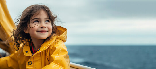 little girl sailing on a ship dressed in a yellow raincoat  and looking happily at the sea - obrazy, fototapety, plakaty