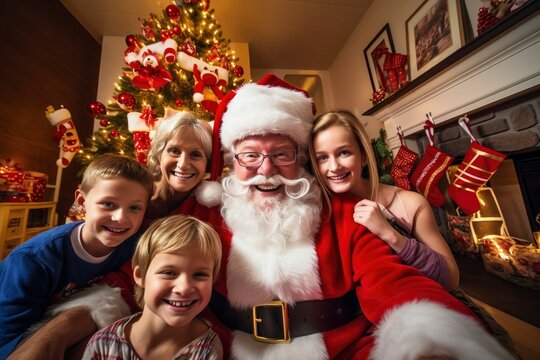 Santa Claus taking a selfie picture with the family of the house