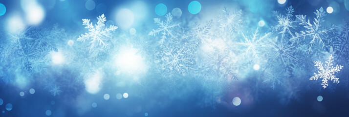 Fototapeta na wymiar Defocused Christmas background with snowflakes and bokeh lights. 