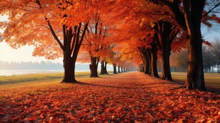 Naklejka na ściany i meble Autumn landscape with colorful fallen leaves.