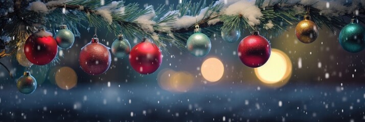 Close-up of a Christmas tree decorated with colorful baubles.