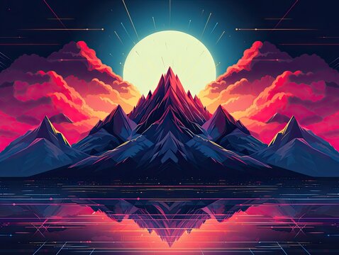 Close-up of stylized, pixelated mountain silhouettes against a vibrant. - Powered by Adobe