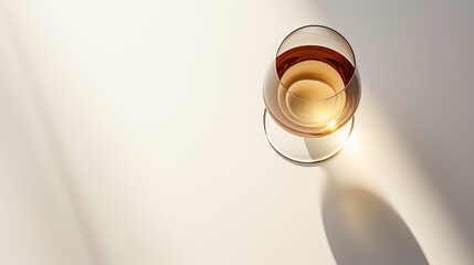 Top down view of a glass of wine on a clean white surface.