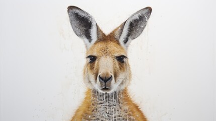 The face and upper body of a kangaroo on a white background.