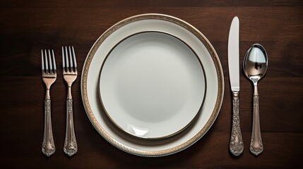 Top down view of an empty plate with a set of silver cutlery.