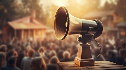 A megaphone stands on a wooden podium surrounded by a cheering audience. - obrazy, fototapety, plakaty