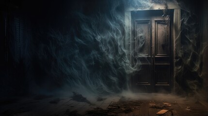 A dimly lit room with a weathered door in the center.