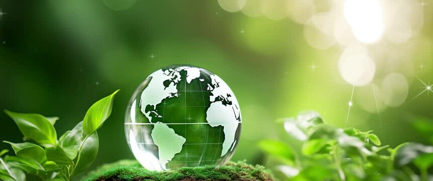 Anamorphic video crystal globe with sustainable development and ESG icon for environment social, governance, and business cooperation for World sustainable environment social governance concept.
