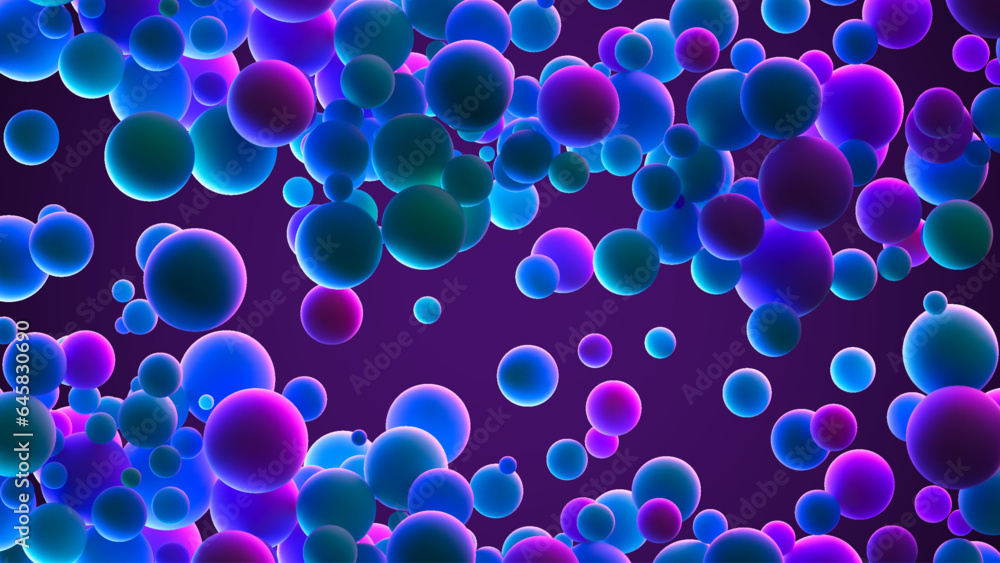 Poster abstract background with many dreamy neon flying glowing spheres. vector background for future digit