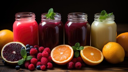 Various fruit juices and their ingredients on a wooden table background