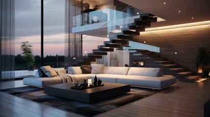A contemporary living area with a floating staircase and dramatic lighting