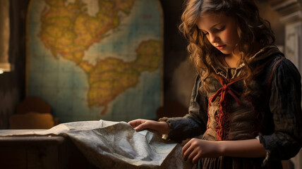 girl looking at map in the room
