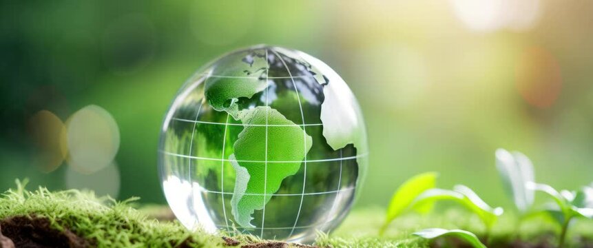 Anamorphic video crystal globe with sustainable development and ESG icon for environment social, governance, and business cooperation for World sustainable environment social governance concept.