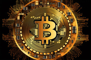 Fototapeta na wymiar Bitcoin BTC Symbol Münze mit Computer Blockchain Technologie. Generative Ai.
