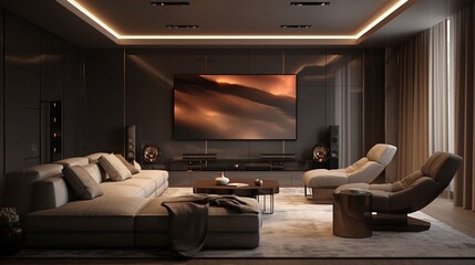 A contemporary media room with plush seating and hidden speakers