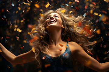 Glittering Fun, A Party Girl Dancing Amidst Falling Confetti