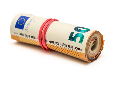 euros rolled into a tube, 50 euro bills on a white background 6