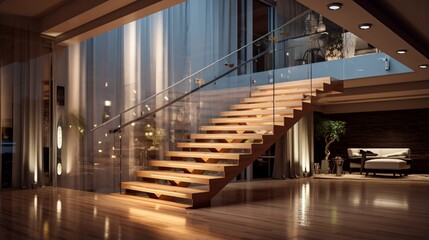 A contemporary staircase with glass railings and LED lighting