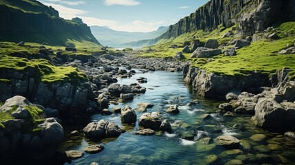 View from above, waterfall flowing through a small river along a mountain valley in Iceland