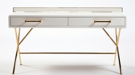 high quality photo-realistic detailed elegant minimalist modern white desk with brass legs sleek design clean lines
