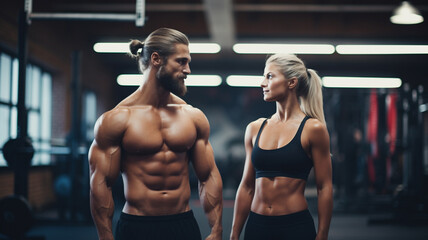 muscular man and woman in sportswear looking at camera and smiling while standing on the background of modern interior - obrazy, fototapety, plakaty