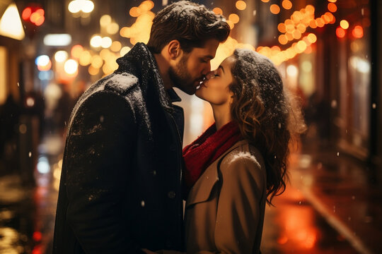 Romantic New Year's Kiss under Festive Christmas Lights, valentine's day