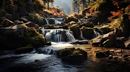 Waterfalls flow from mountain rocks