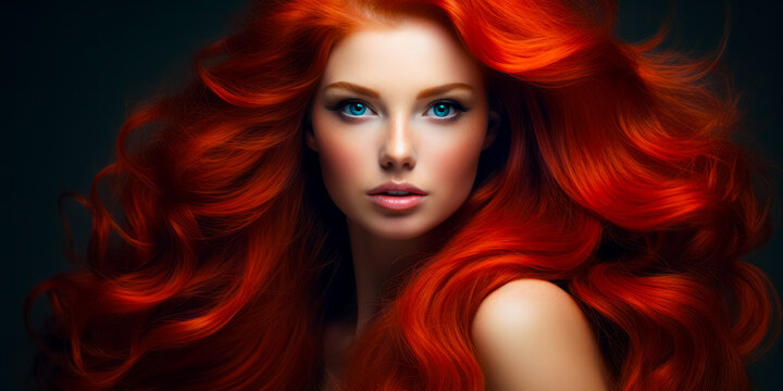 Young red haired woman with voluminous hair, with long, dense, curly hairstyle. hair dye, hairstyle