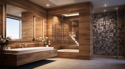 Fototapeta na wymiar A designer bathroom with a mix of wood and elegant mosaic tiles