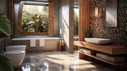 Fototapeta premium tropical jungle bathroom, indoor waterfall, wooden vanity, ornate mirror, stone tile floor, potted plants, natural light, high ceilings, luxury spa-like atmosphere
