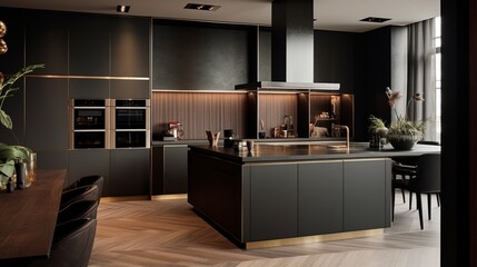 A designer kitchen with a mix of dark wood and metallic accents