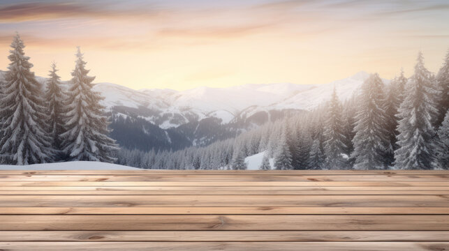 Plattform aus Holzdielen mit winterlich verschneitem Wald und Bergen als Bokeh-Hintergrund.