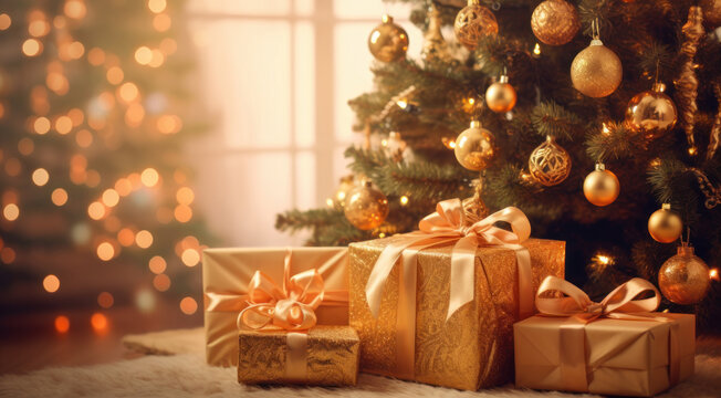 Schön dekoriertes Weihnachtszimmer mit Weihnachtsbaum und Geschenken. 