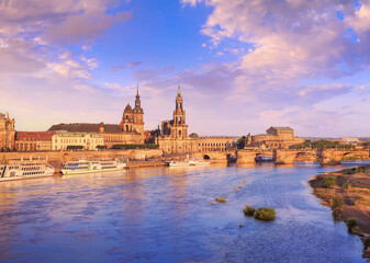 Cityscape - view of the Bruhl's Terrace is a historic architectural ensemble in Dresden on the banks of the Elbe, Saxony, Germany - obrazy, fototapety, plakaty