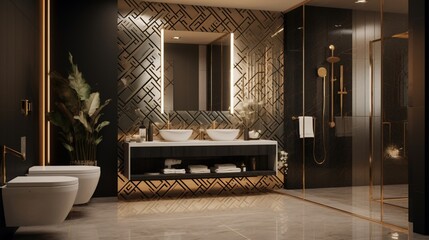A designer washroom with a mix of metallic accents and patterned tile