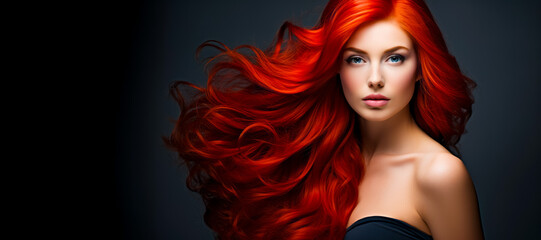 Obraz premium Young red haired woman with voluminous hair, with long, dense, curly hairstyle. hair dye, hairstyle