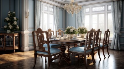 A formal dining room with a classic table setting and elegant chairs