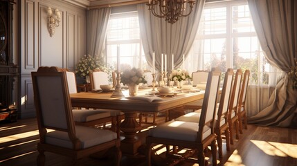 A formal dining room with a classic table setting and elegant chairs