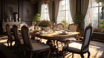 Fototapeta na wymiar A formal dining room with a classic table setting and elegant chairs
