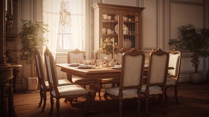 Obraz premium A formal dining room with a classic table setting and elegant chairs