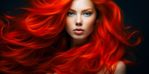 Obraz premium Young red haired woman with voluminous hair, with long, dense, curly hairstyle. hair dye, hairstyle
