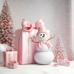 New Year's snowman dressed in a warm winter woolen wardrobe. Pastel hat and scarf, with gifts. Abstract Christmas creative portrait.