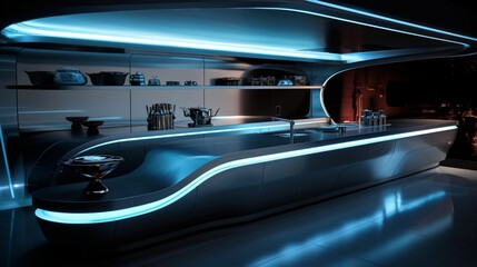 A futuristic kitchen with glossy surfaces and LED under-cabinet lighting